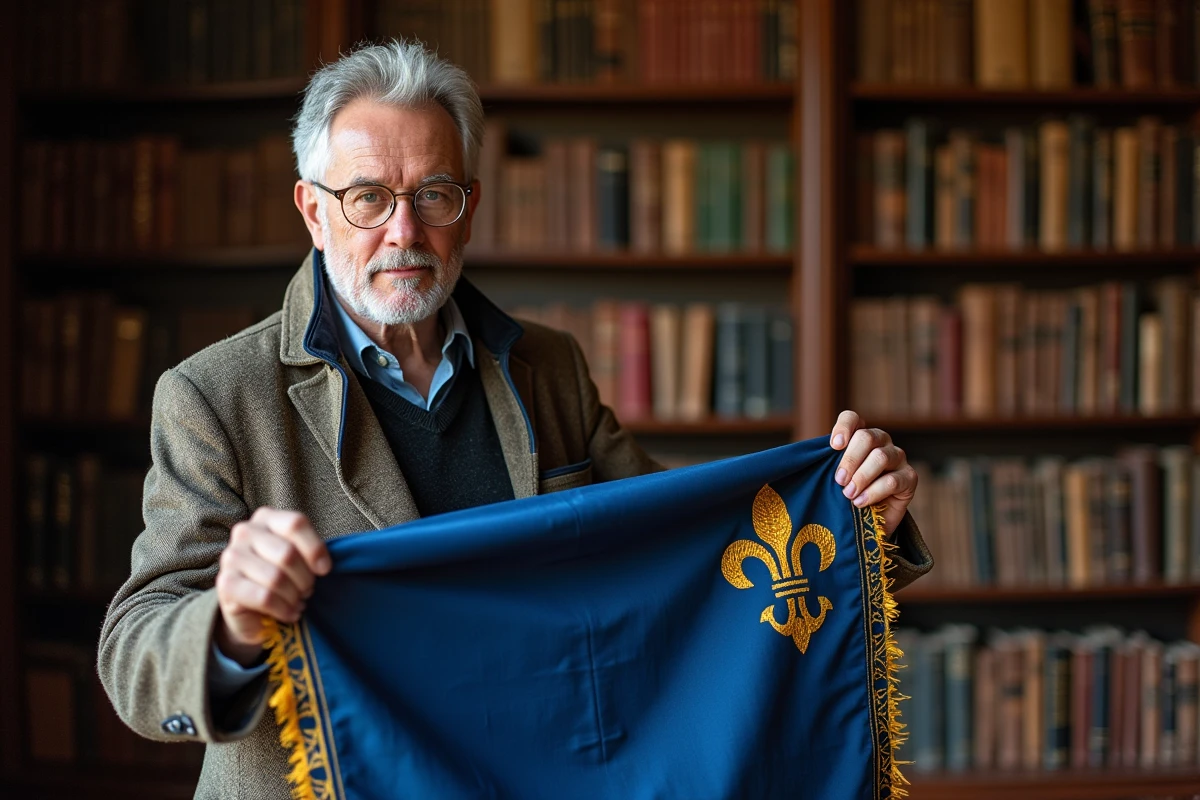 Historien examinant un étendard royal médiéval français avec des fleurs de lis brodées en or sur fond bleu azur dans une bibliothèque universitaire
