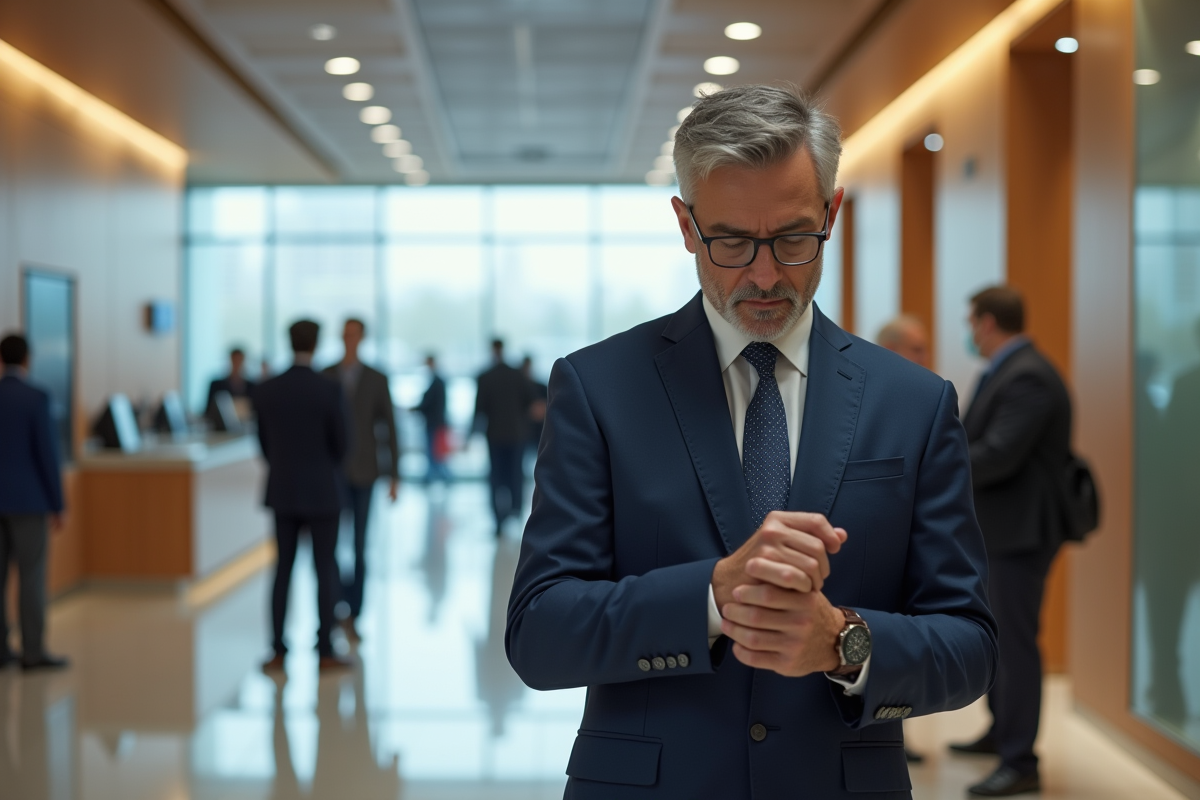 Homme d affaires en costume dans une banque moderne