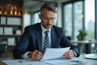 Homme d'affaires en costume navy dans un bureau moderne