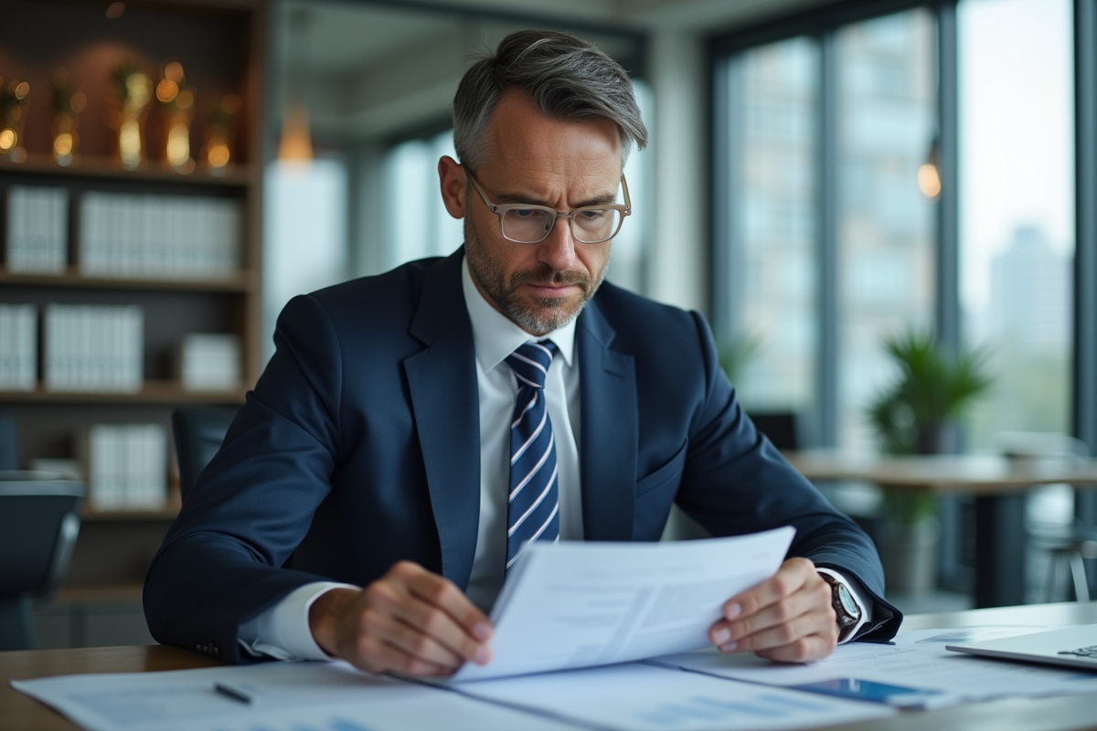 Homme d'affaires en costume navy dans un bureau moderne