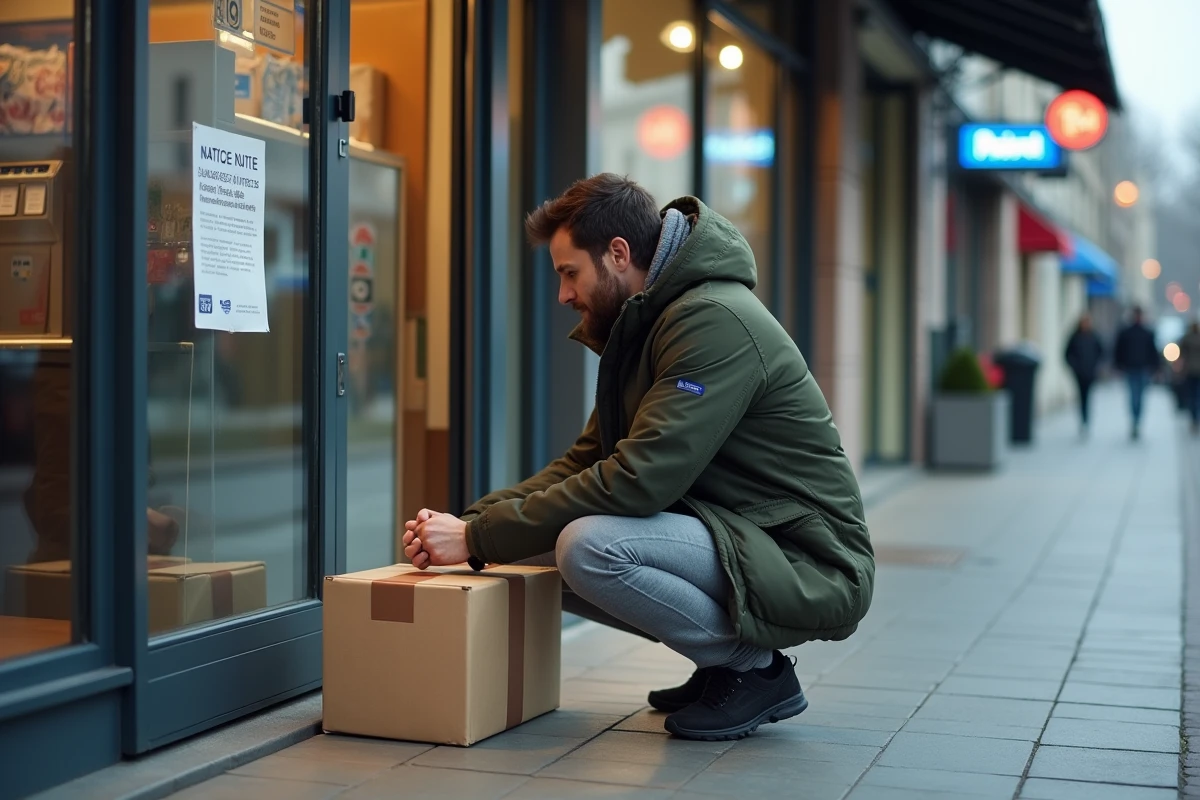 Homme lisant un avis de fermeture collé sur la porte d'un point relais Vinted Go avec un colis posé au sol