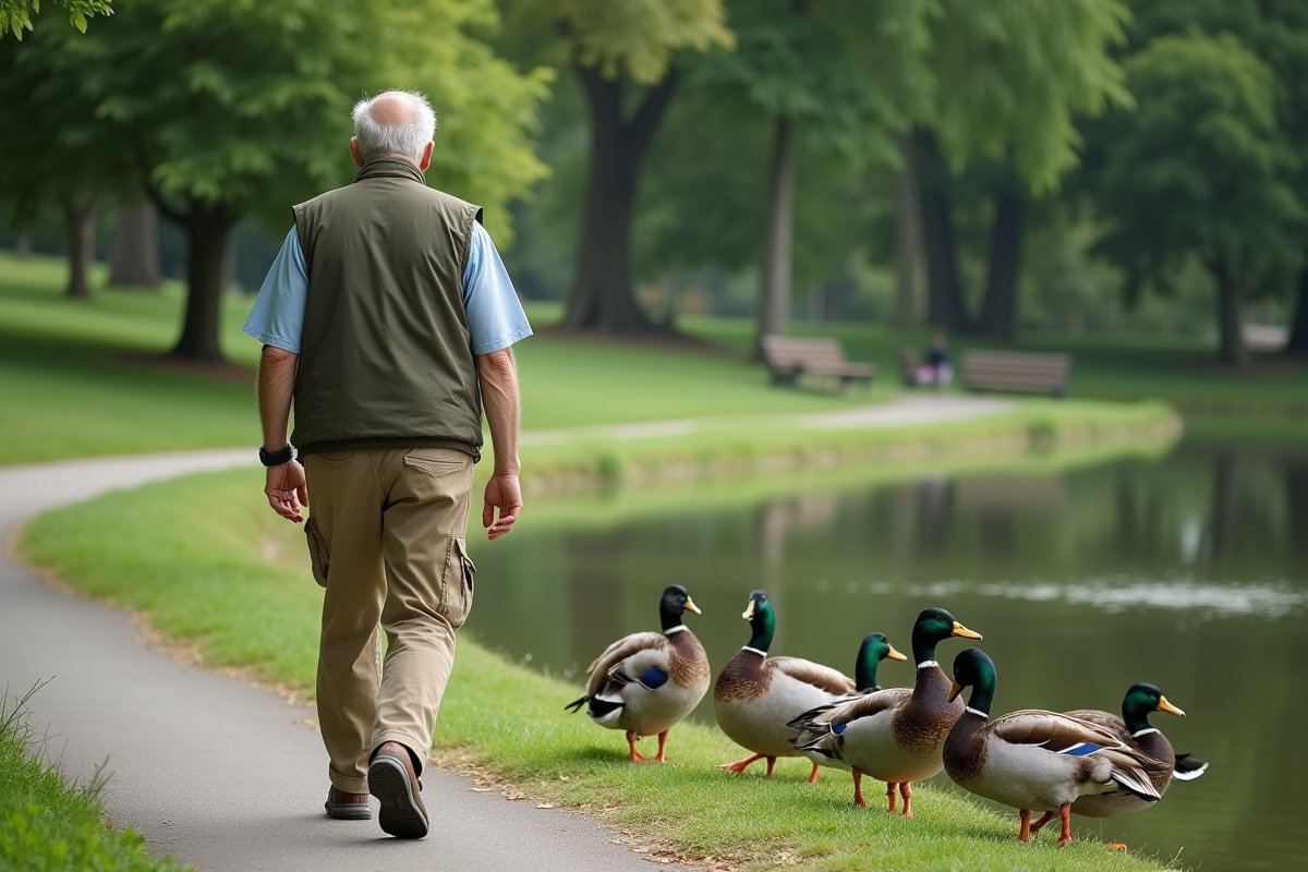 Homme âgé se promenant dans un parc avec un étang