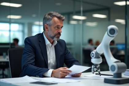Homme d affaires au bureau avec robot triant des papiers