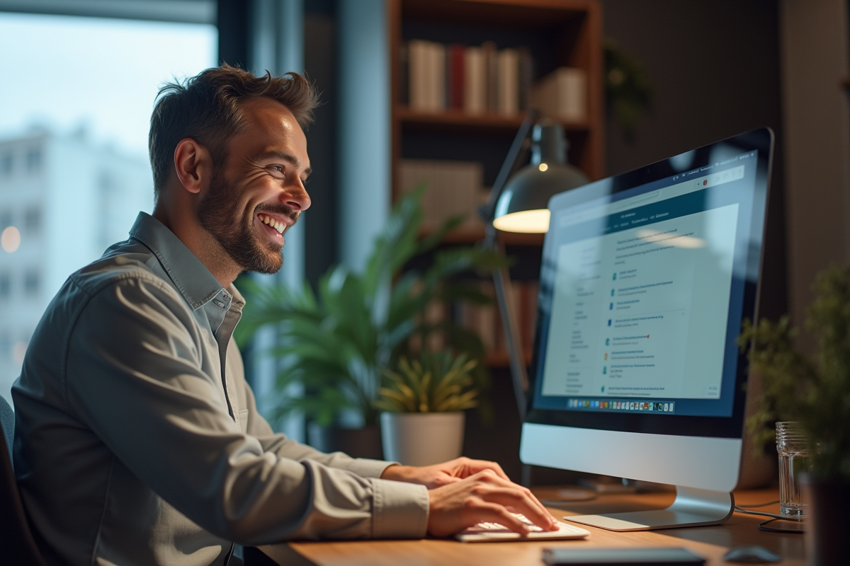 Homme souriant vérifiant ses emails sur un ordinateur de bureau