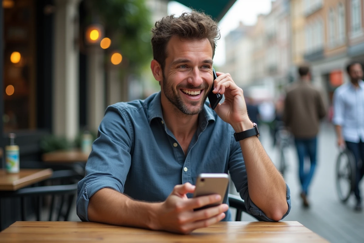 Homme parlant au téléphone dans un café en ville