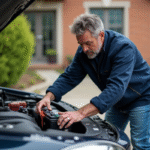 Homme d'âge moyen installant une batterie dans une voiture