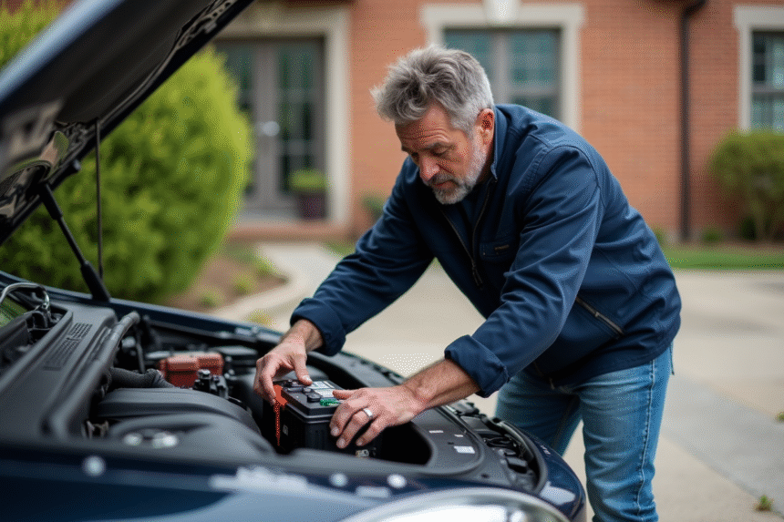 Homme d'âge moyen installant une batterie dans une voiture