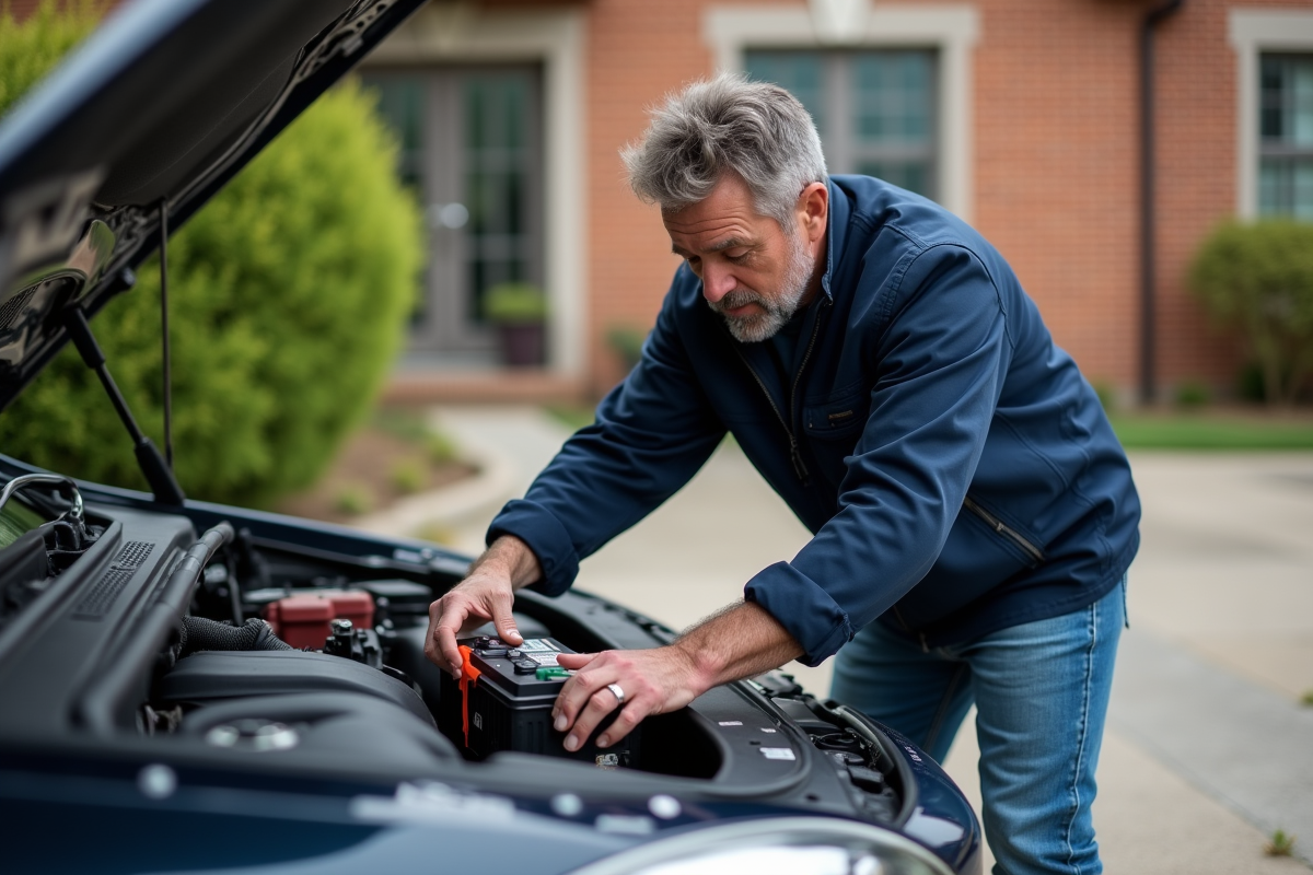 Homme d'âge moyen installant une batterie dans une voiture