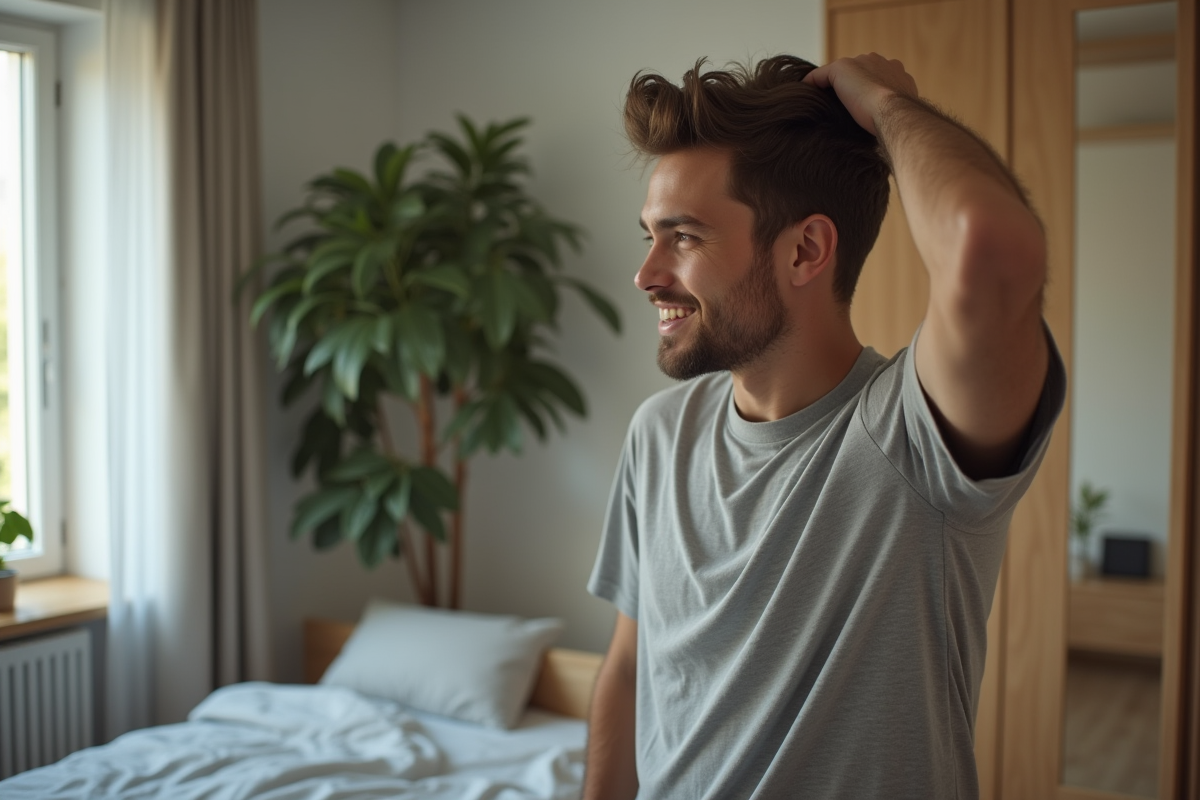 Jeune homme se coiffant devant un miroir dans une chambre cosy