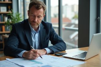 Homme d'âge moyen examinant des documents fiscaux dans un appartement