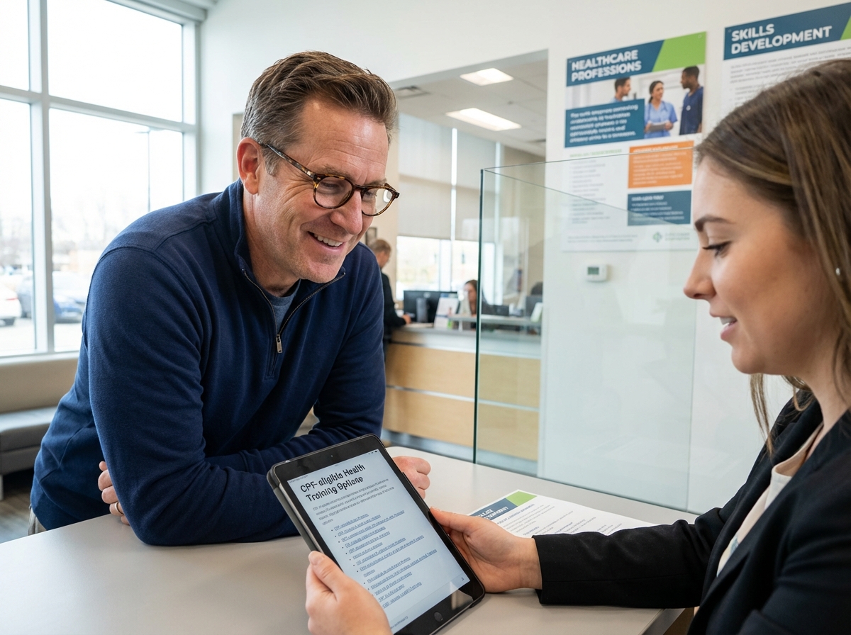 Homme souriant consultant avec un conseiller en formation santé