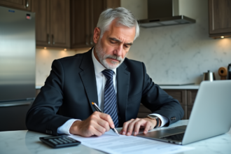 Homme en costume regardant un contrat de prêt immobilier