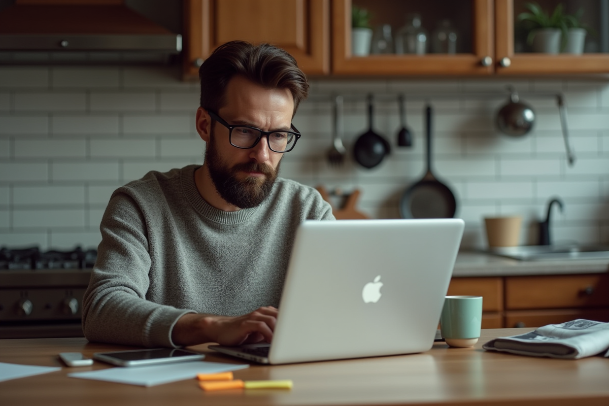 Homme travaillant à la cuisine avec ordinateur et notes