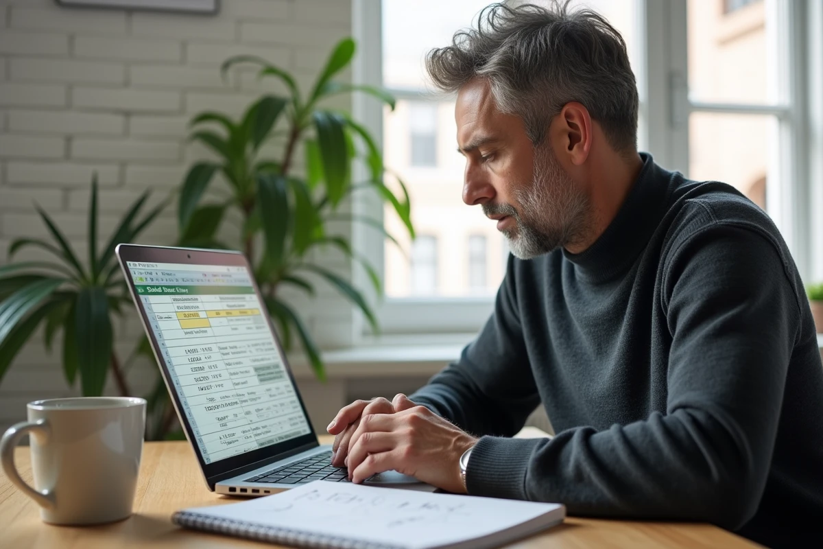 Homme travaillant à domicile sur un tableur Excel avec des formules de calcul de durée entre deux dates