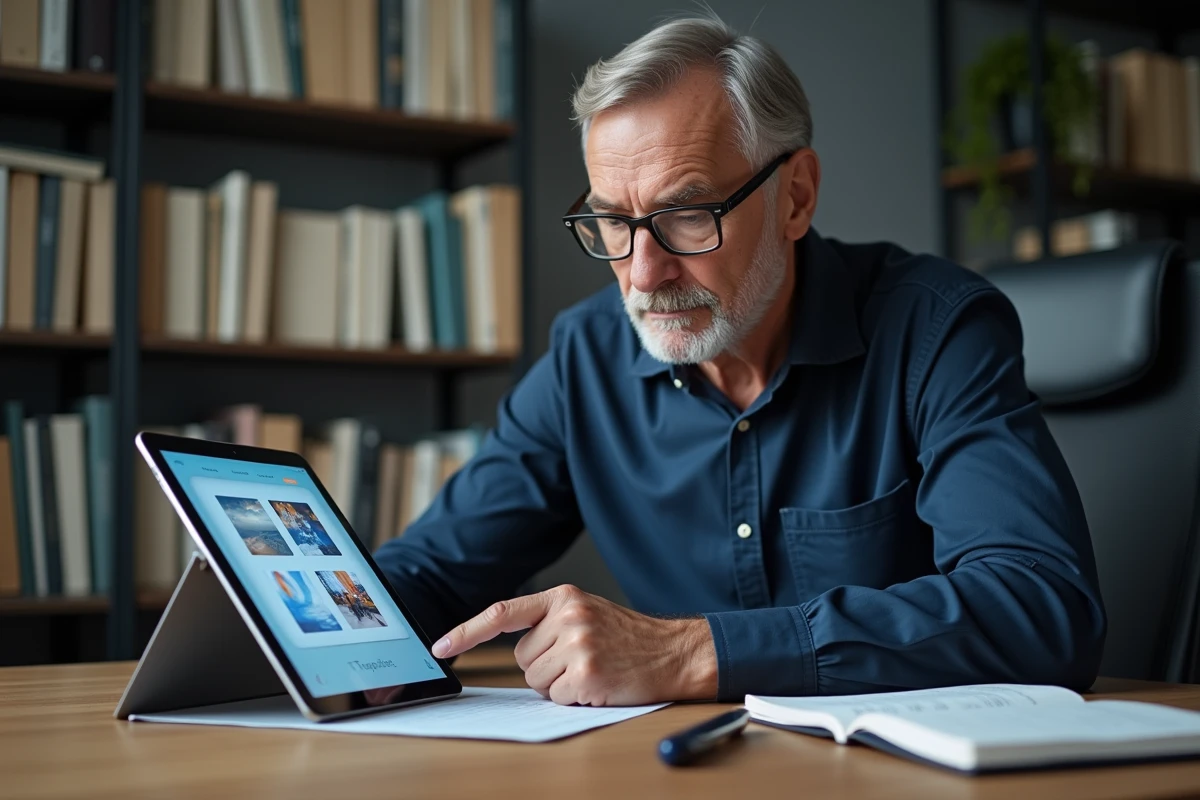 Homme cherchant la solution d'une énigme journalière 4 Images 1 Mot 9 lettres sur tablette
