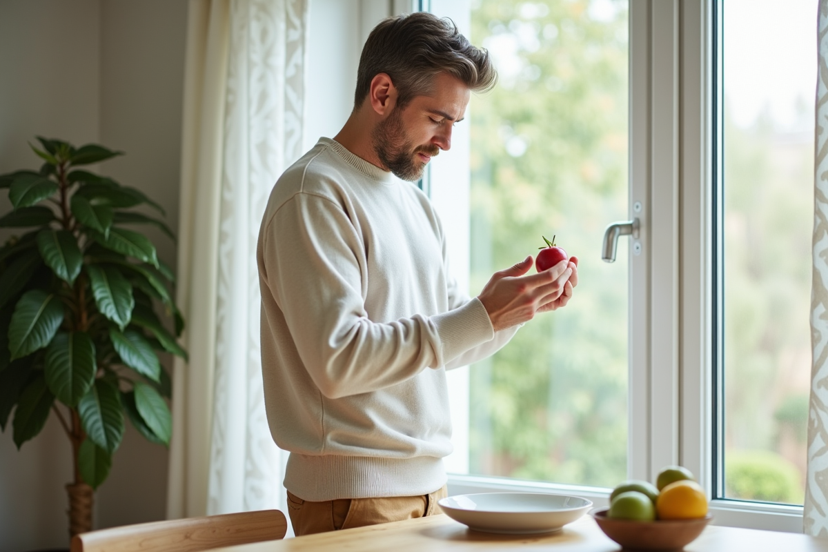 Homme méditant avec un fruit dans une cuisine lumineuse