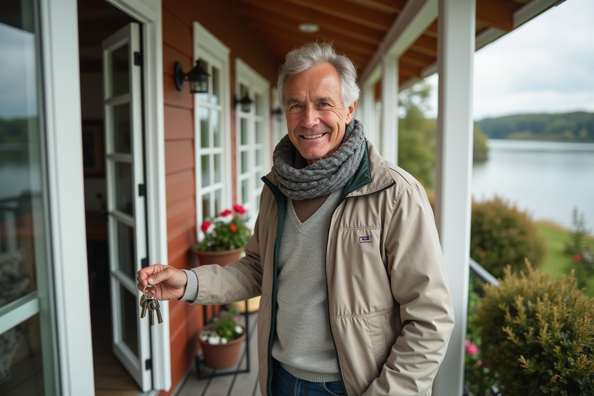 Homme souriant devant un cottage au bord du lac