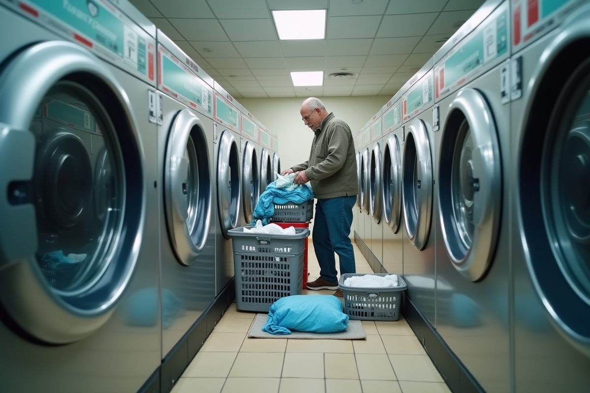 Homme triant son linge dans une laverie moderne
