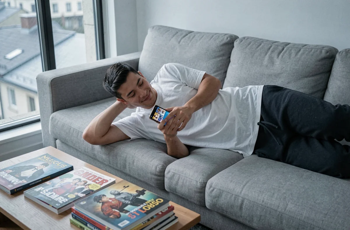 Jeune homme lisant un webtoon sur smartphone allongé sur un canapé dans un appartement minimaliste