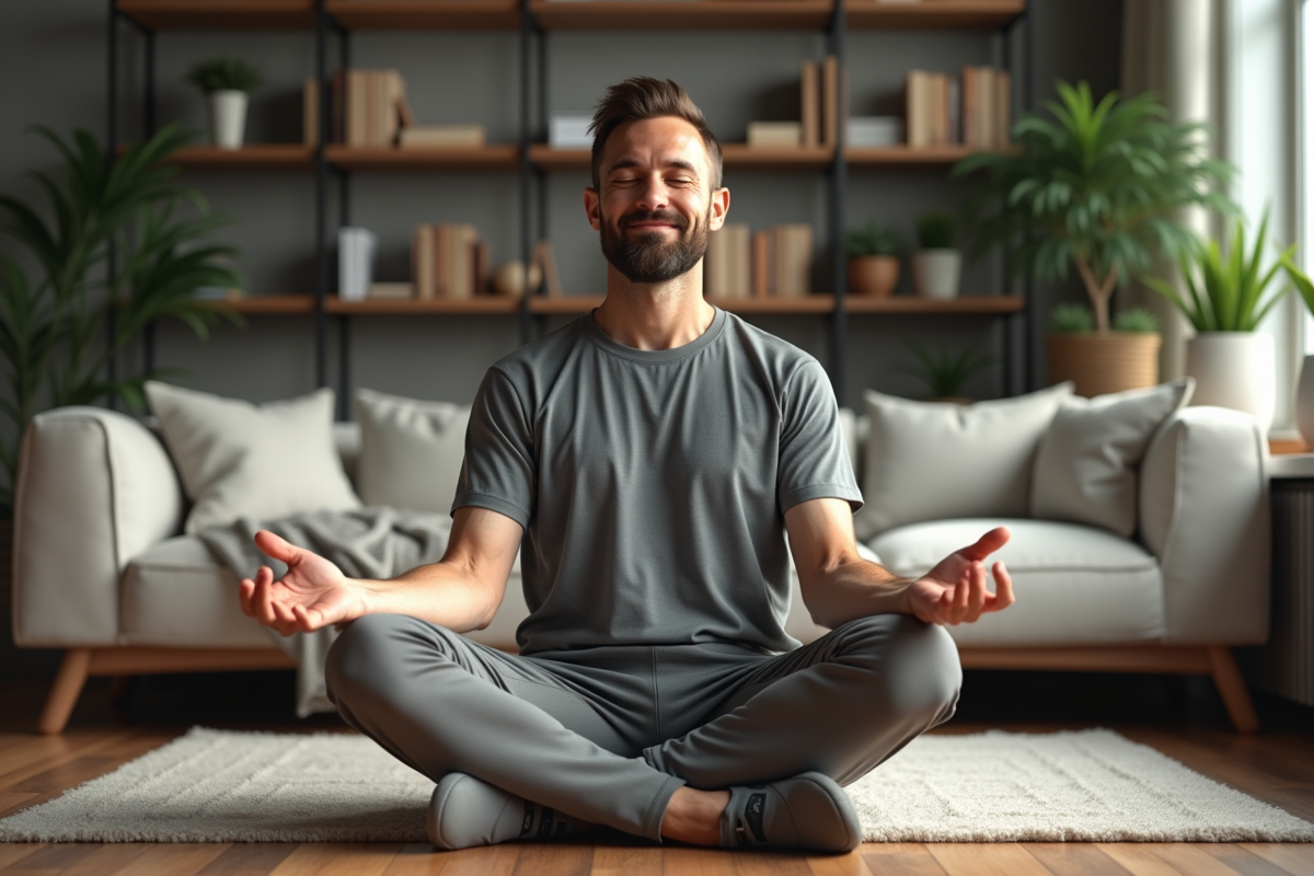 Homme d'âge moyen méditant dans un salon minimaliste