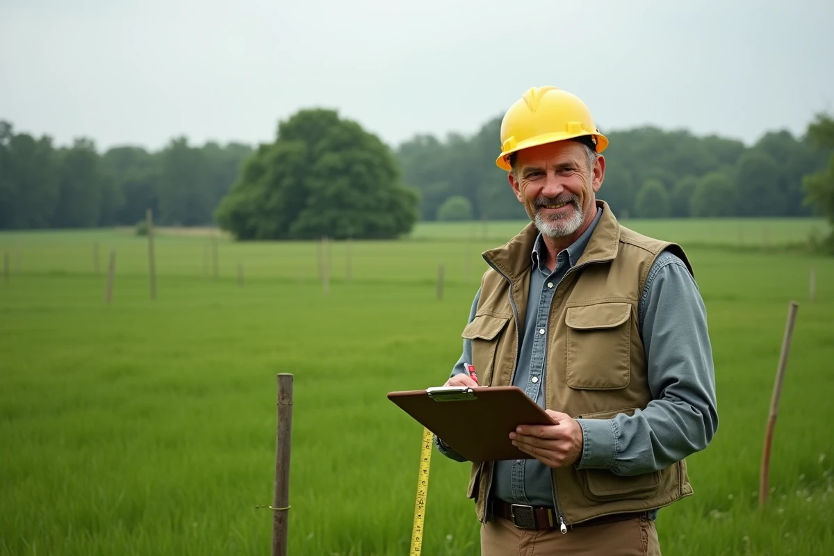 Homme mesurant un terrain dans un champ rural en plein air