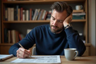 Homme adulte résolvant une grille de mots croisés en français sur un bureau en bois avec un stylo