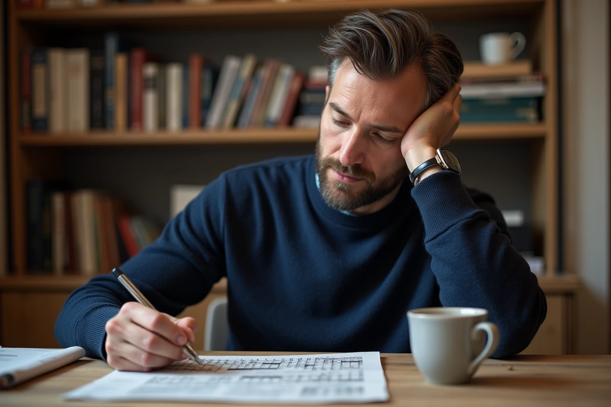 Homme adulte résolvant une grille de mots croisés en français sur un bureau en bois avec un stylo