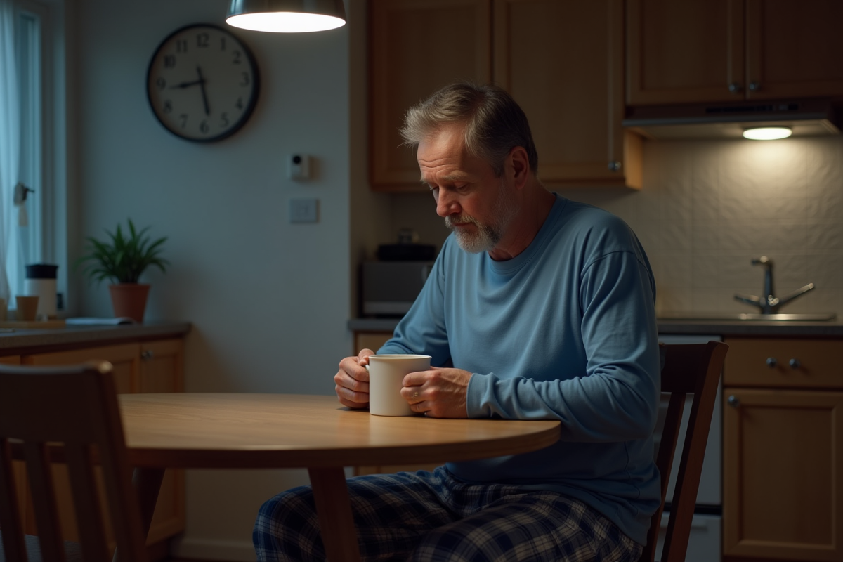 Homme seul avec tasse dans la cuisine au matin