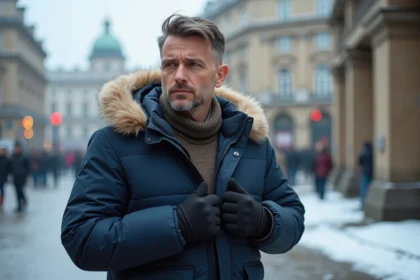 Homme en parka d'hiver dans une ville enneigee