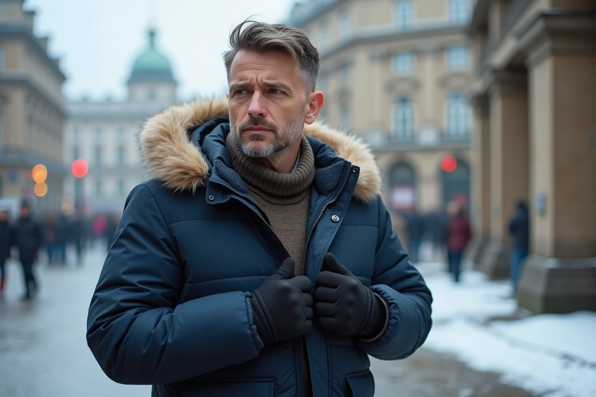 Homme en parka d'hiver dans une ville enneigee
