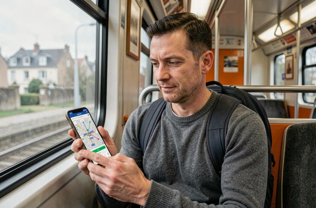 Homme consultant le plan numérique du réseau RER Île-de-France sur son téléphone dans un train en mouvement