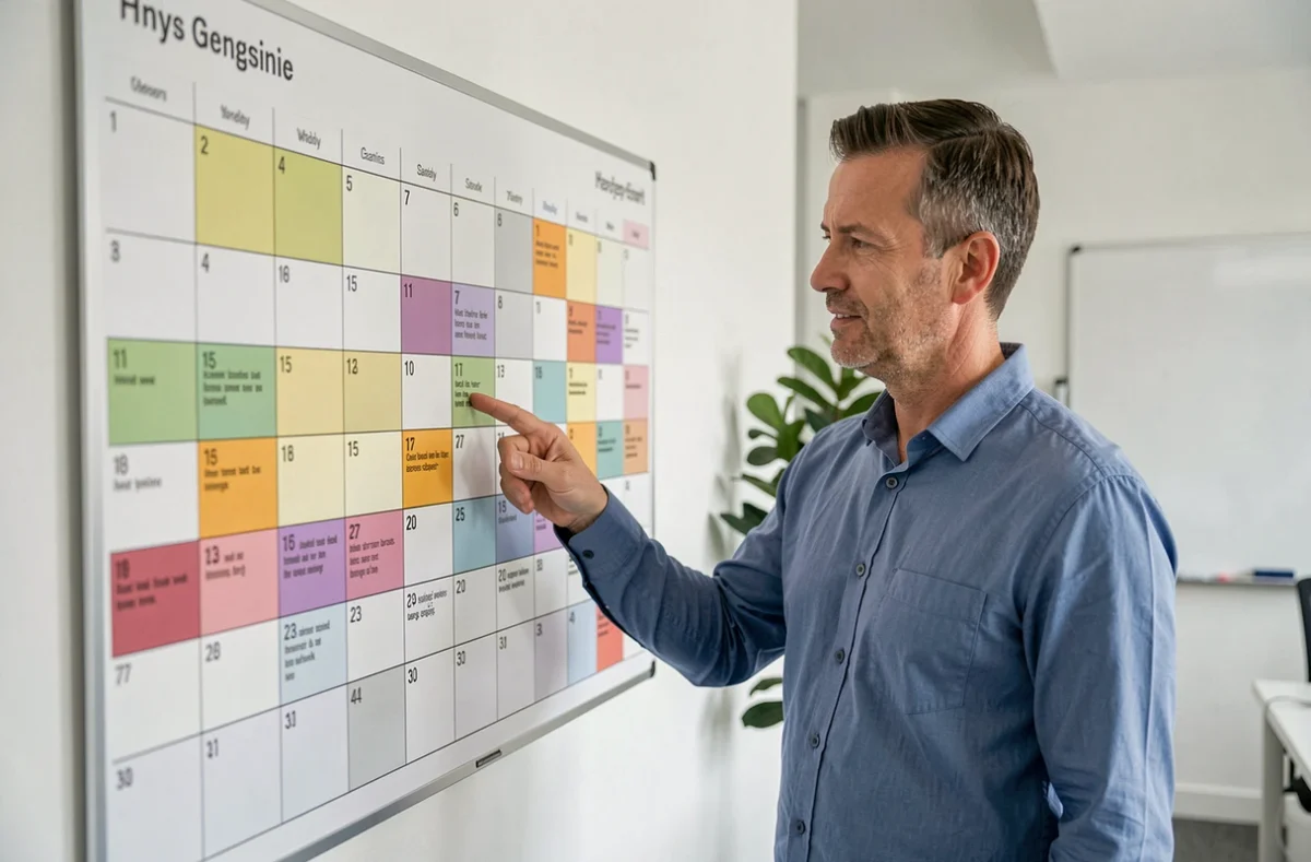 Homme pointant une date sur un grand planning mural annuel dans un bureau moderne, pour illustrer le nombre de jours dans une année