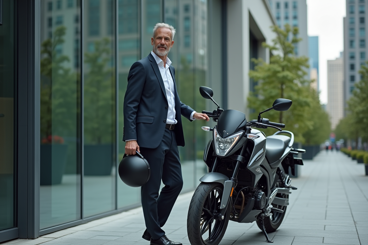 Homme d affaires préparant sa moto devant un bâtiment moderne