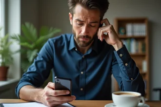 Homme hésitant à rappeler un numéro inconnu 06 72 sur son smartphone, assis dans un bureau à domicile