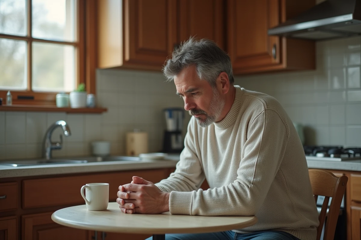 Homme d'âge moyen pensif dans une cuisine chaleureuse