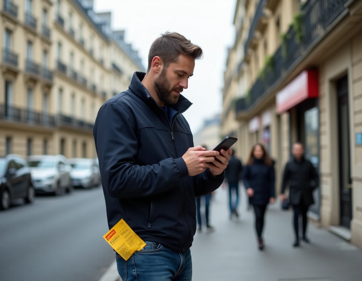 Homme consultant l'application La Poste sur smartphone pour reprogrammer une livraison en rue