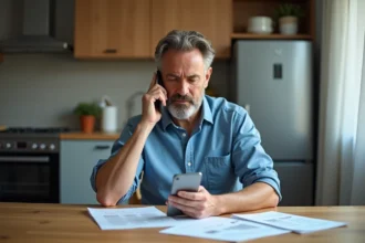 Homme d'âge moyen au téléphone dans une cuisine moderne
