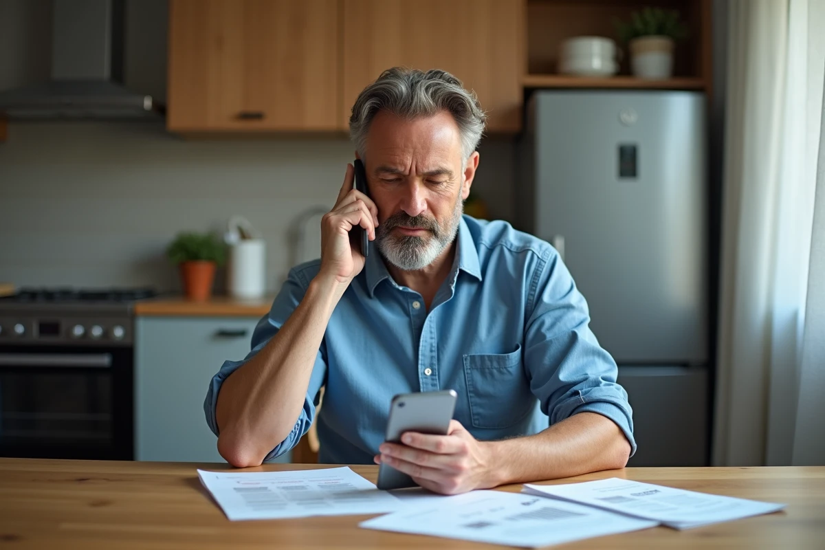Homme d'âge moyen au téléphone dans une cuisine moderne