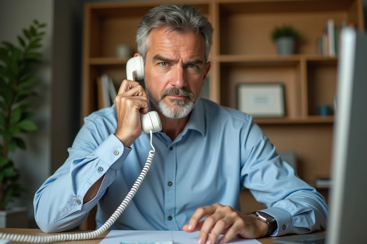 Homme composant le numéro répondeur Free sur un téléphone fixe blanc à son bureau à domicile
