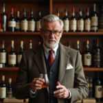 Homme en tweed dans une bibliothèque avec bouteilles de whisky