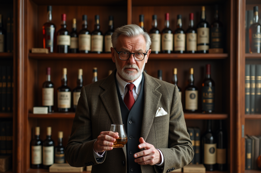 Homme en tweed dans une bibliothèque avec bouteilles de whisky