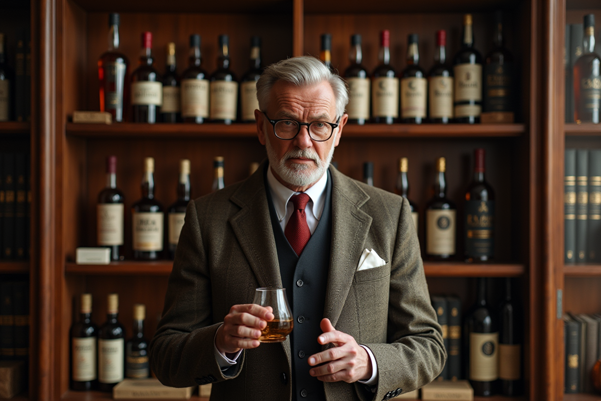 Homme en tweed dans une bibliothèque avec bouteilles de whisky