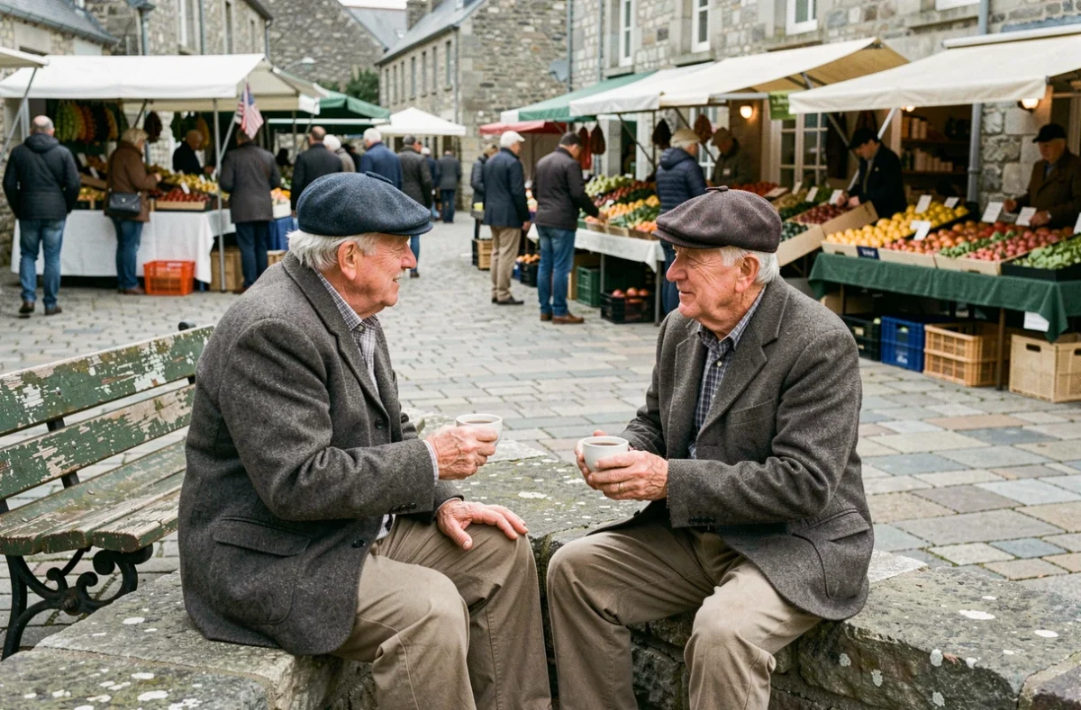 Deux hommes bretons en casquette discutant assis sur un muret de granit lors du marché hebdomadaire de Plouguerneau