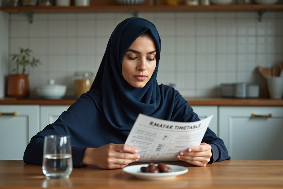 Jeune femme consultant l'horaire du Ramadan 2026 à Lyon avec des dattes et un verre d'eau sur une table en bois