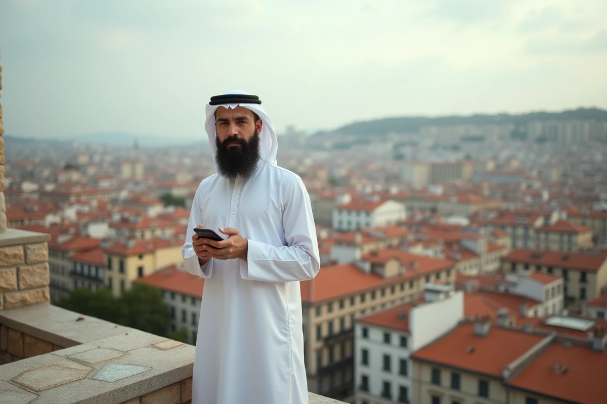 Homme consultant les horaires du Ramadan 2026 sur smartphone avec vue panoramique sur les toits de Lyon