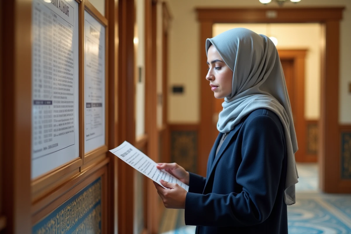Femme musulmane consultant le tableau des horaires de prière à l'entrée d'une mosquée de Mantes-la-Jolie
