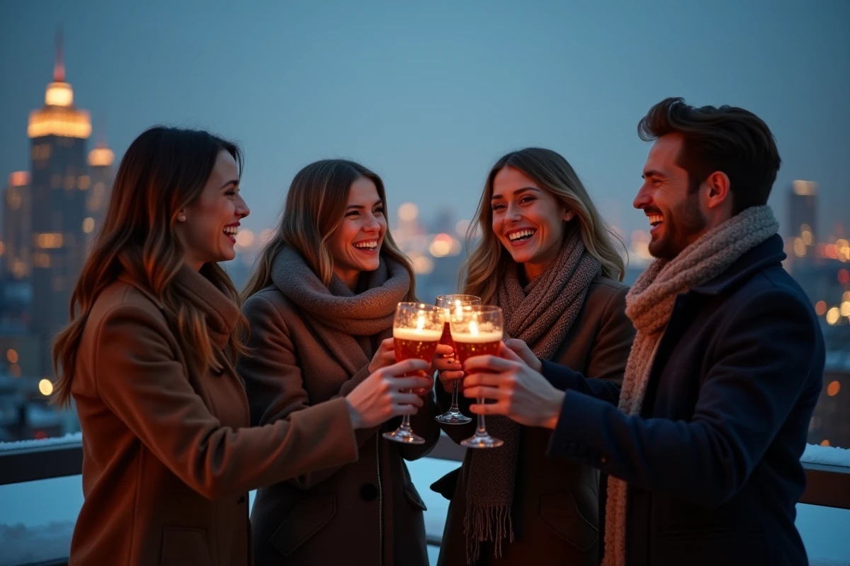Groupe d'amis adultes portant un toast sur un rooftop pour fêter la nouvelle année 2026