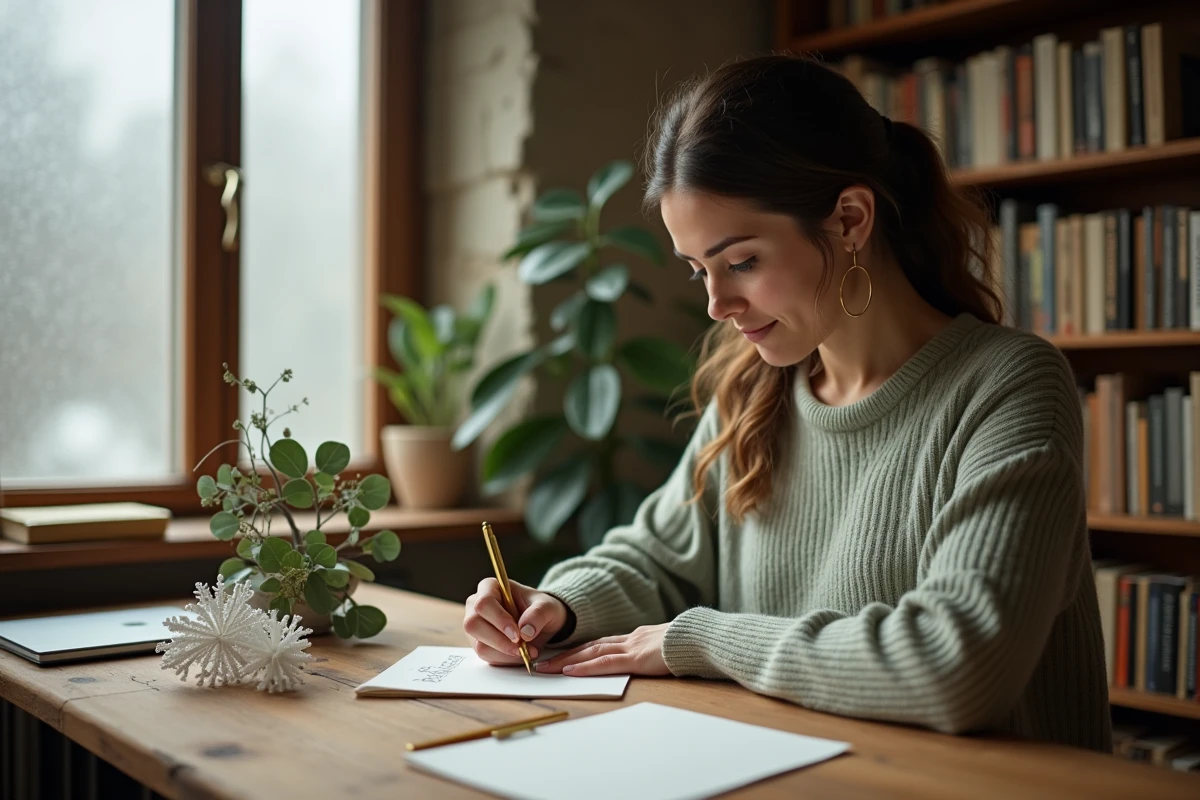 Femme écrivant une carte de vœux pour la nouvelle année 2026 à son bureau en bois avec stylo plume doré