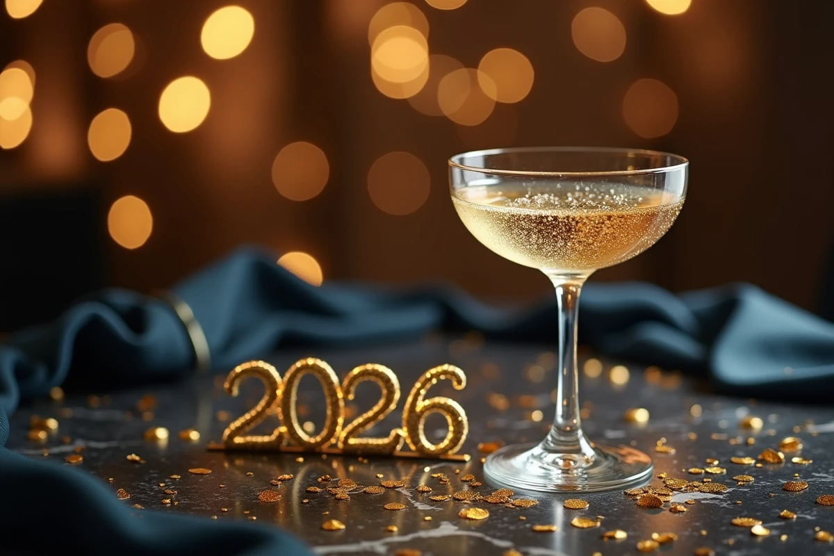 Coupe de champagne avec confettis dorés et chiffres 2026 sur une table en marbre pour le Nouvel An