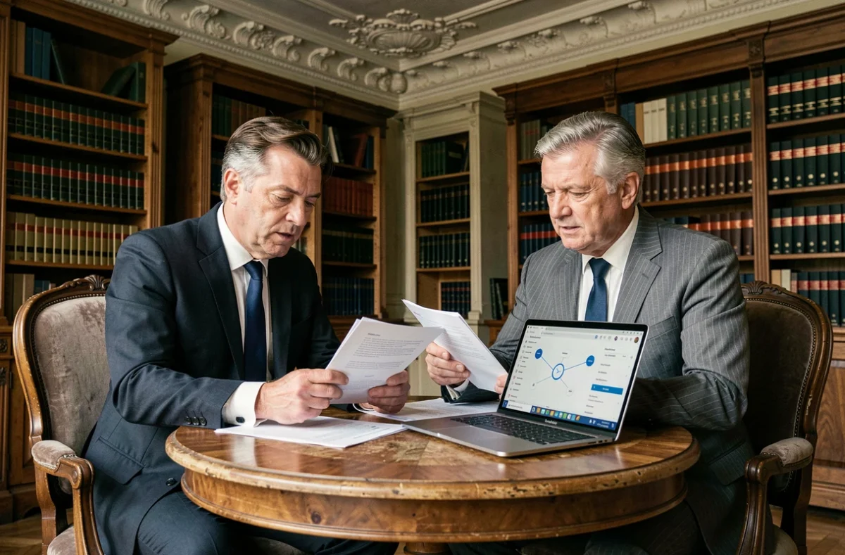 Deux notaires internationaux analysant des documents stratégiques du congrès UINL dans une salle de réunion parisienne